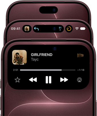 Trois iPhone 18 Pro bordeaux disposés en éventail pour montrer différents modes de Dynamic Island : désactivé, réduit, agrandi