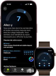 iPhone 18 Pro, noir, face avant, affichant le résultat du statut Préparation (score de 7), jumelé à une Apple Watch, de face, marron, affichant le même score Préparation de 7