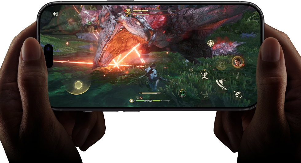 iPhone 18 Pro, face avant, montrant les performances de la puce A20 Pro avec une scène de Monster Hunter Outlanders