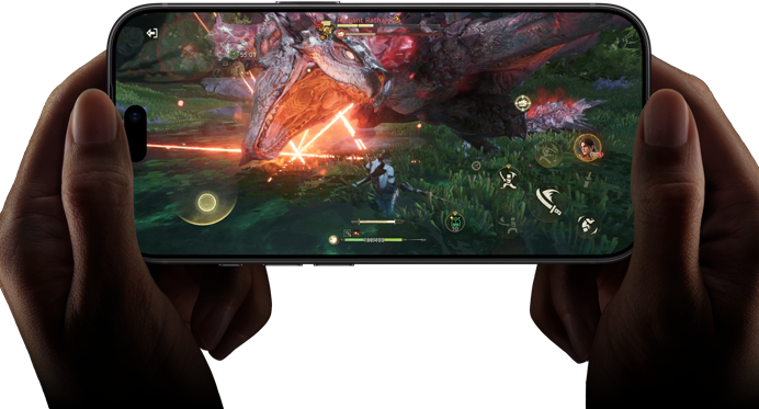 iPhone 18 Pro, face avant, montrant les performances de la puce A20 Pro avec une scène de Monster Hunter Outlanders
