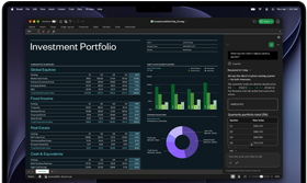 Écran de MacBook Pro affichant une feuille de calcul Excel avec des données sur un portefeuille d’investissements, un graphique à barres vertes, un graphique en anneau violet et la barre latérale Copilot avec les totaux trimestriels