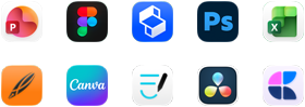 Dix icônes d’apps disposées sur deux rangées : PowerPoint, Figma, Shapr3D, Photoshop, Excel, Linearity, Canva, GoodNotes, DaVinci Resolve et Craft