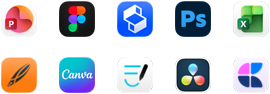 Dix icônes d’apps disposées sur deux rangées : PowerPoint, Figma, Shapr3D, Photoshop, Excel, Linearity, Canva, GoodNotes, DaVinci Resolve et Craft