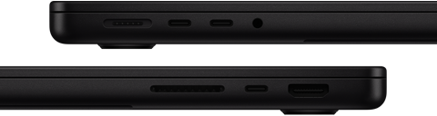 Vue des ports du MacBook Pro – côté gauche : MagSafe, deux ports Thunderbolt et prise casque – côté droit : SDXC, un port Thunderbolt et HDMI