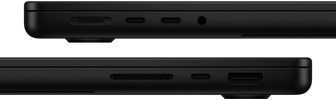 Vue des ports du MacBook Pro – côté gauche : MagSafe, deux ports Thunderbolt et prise casque – côté droit : SDXC, un port Thunderbolt et HDMI