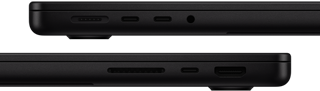 Vue des ports du MacBook Pro – côté gauche : MagSafe, deux ports Thunderbolt et prise casque – côté droit : SDXC, un port Thunderbolt et HDMI