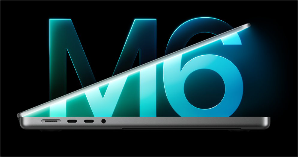 Profil d’un MacBook Pro, argent, partiellement ouvert, laissant apparaître une lumière bleue, un grand M6 lumineux en arrière-plan