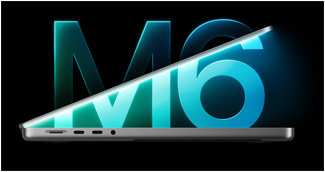 Profil d’un MacBook Pro, argent, partiellement ouvert, laissant apparaître une lumière bleue, un grand M6 lumineux en arrière-plan