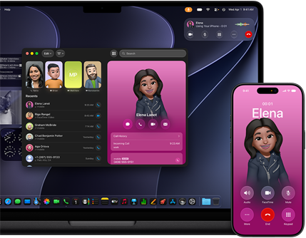 MacBook Pro et iPhone, app Téléphone ouverte, même contact affiché sur les deux écrans