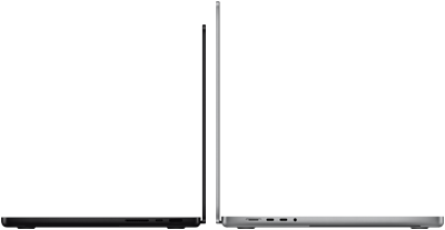 MacBook Pro 14 pouces noir sidéral à côté d’un MacBook Pro 16 pouces argent