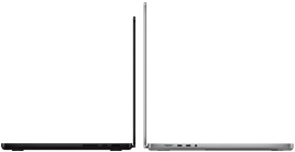 MacBook Pro 14 pouces noir sidéral à côté d’un MacBook Pro 16 pouces argent