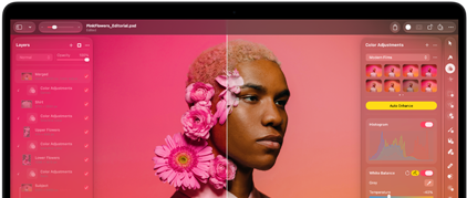 Écran de MacBook Pro affichant la retouche d’une photo d’une personne dans Pixelmator Pro