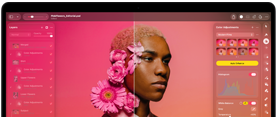 Écran de MacBook Pro affichant la retouche d’une photo d’une personne dans Pixelmator Pro