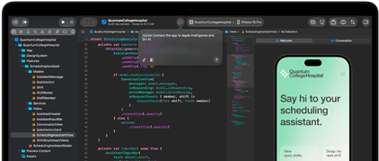 MacBook Pro, Xcode, l’éditeur de code affiche le commentaire : Connecter l’app à Apple Intelligence, aperçu sur iPhone, app Quantum College Hospital, texte indiquant : Dites bonjour à votre assistant de planning, boutons : Voir les gardes disponibles, Échanger ma prochaine garde