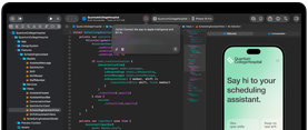 MacBook Pro, Xcode, l’éditeur de code affiche le commentaire : Connecter l’app à Apple Intelligence, aperçu sur iPhone, app Quantum College Hospital, texte indiquant : Dites bonjour à votre assistant de planning, boutons : Voir les gardes disponibles, Échanger ma prochaine garde