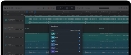 MacBook Pro, Logic Pro, pistes en forme d’ondes, panneau Séparateur de stem, catégories : voix, batterie, basse, autres, chacune avec une forme d’onde audio distincte