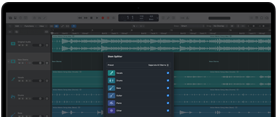 MacBook Pro, Logic Pro, pistes en forme d’ondes, panneau Séparateur de stem, catégories : voix, batterie, basse, autres, chacune avec une forme d’onde audio distincte