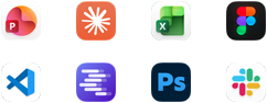 Icônes d’apps pour Microsoft PowerPoint, Claude par Anthropic, Microsoft Excel, Figma, Visual Studio Code, LM Studio, Adobe Photoshop et Slack