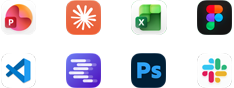 Icônes d’apps pour Microsoft PowerPoint, Claude par Anthropic, Microsoft Excel, Figma, Visual Studio Code, LM Studio, Adobe Photoshop et Slack