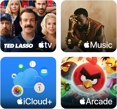 Quatre vignettes, vignette Apple TV montrant des personnages de la série Ted Lasso, vignette Apple Music montrant la pochette de l’album 5ive de Davido, vignette iCloud Plus montrant un nuage entouré d’icônes d’apps pour Photos, Calendrier, Mail, Rappels, Messages et Fichiers, vignette Apple Arcade montrant des personnages du jeu Angry Birds