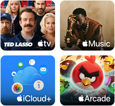 Quatre vignettes, vignette Apple TV montrant des personnages de la série Ted Lasso, vignette Apple Music montrant la pochette de l’album 5ive de Davido, vignette iCloud Plus montrant un nuage entouré d’icônes d’apps pour Photos, Calendrier, Mail, Rappels, Messages et Fichiers, vignette Apple Arcade montrant des personnages du jeu Angry Birds
