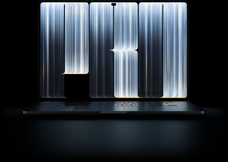 MacBook Pro avec Écran PROLED XDR, noir sidéral, écran affichant des objets en forme de ruban couverts de rayures lumineuses, formant le mot Pro