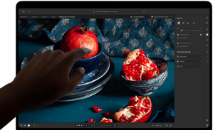 MacBook Pro avec Écran PROLED XDR affichant une image de nature morte de grenades avec des céramiques et des textiles bleus, une main se tend vers l’écran pour interagir avec l’image