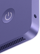 iMac, vue arrière, couleur mauve, fonctionnalités : bouton d’alimentation, prise casque et grille des haut-parleurs