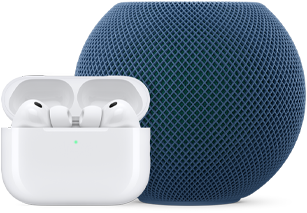 AirPods Pro dans un boîtier de charge ouvert, blanc, et HomePod mini, bleu