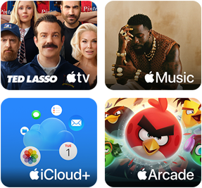 Vignettes Apple One : Apple TV, Apple Music, iCloud+ et Apple Arcade