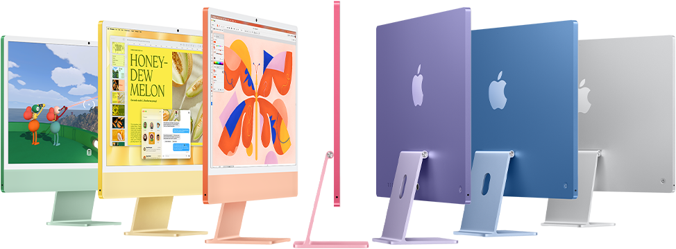 Sept modèles d’iMac dans les couleurs vert, jaune, orange, rose, mauve, bleu et argent, se déployant en accordéon