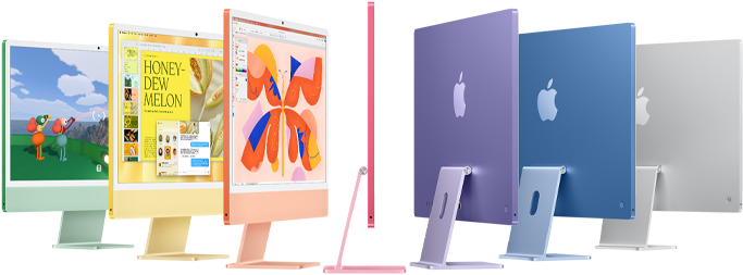 Sept modèles d’iMac dans les couleurs vert, jaune, orange, rose, mauve, bleu et argent, se déployant en accordéon