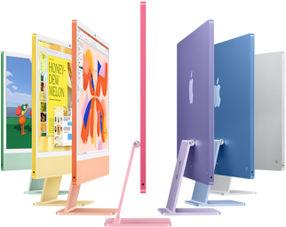 Sept modèles d’iMac dans les couleurs vert, jaune, orange, rose, mauve, bleu et argent, se déployant en accordéon