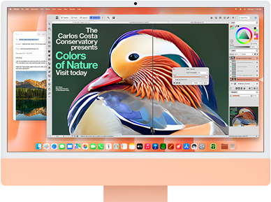 iMac, face avant, couleur orange, affichant une app de retouche d’images avec des outils d’IA, et l’app Mail à l’arrière-plan