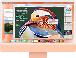 iMac, face avant, couleur orange, affichant une app de retouche d’images avec des outils d’IA, et l’app Mail à l’arrière-plan
