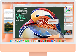 iMac, face avant, couleur orange, affichant une app de retouche d’images avec des outils d’IA, et l’app Mail à l’arrière-plan