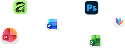 Plusieurs icônes d’apps flottent à l’écran, dont Microsoft Word, Adobe Photoshop, Canva et Figma