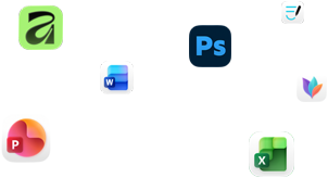 Plusieurs icônes d’apps flottent à l’écran, dont Microsoft Word, Adobe Photoshop, Canva et Figma