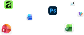 Plusieurs icônes d’apps flottent à l’écran, dont Microsoft Word, Adobe Photoshop, Canva et Figma