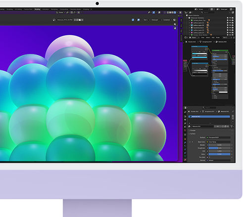 iMac, face avant, couleur mauve, affichant une structure de bulles colorées dans une app de retouche d’images