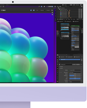 iMac, face avant, couleur mauve, affichant une structure de bulles colorées dans une app de retouche d’images