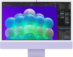 iMac, face avant, couleur mauve, affichant une structure de bulles colorées dans une app de retouche d’images