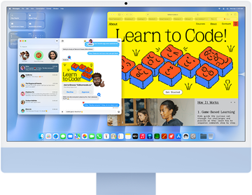 iMac, face avant, couleur bleue, affichant l’app Messages et un site web « Apprendre à coder »
