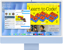 iMac, face avant, couleur bleue, affichant l’app Messages et un site web « Apprendre à coder »