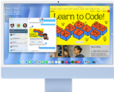 iMac, face avant, couleur bleue, affichant l’app Messages et un site web « Apprendre à coder »