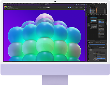 iMac, face avant, couleur mauve, affichant une structure de bulles colorées dans une app de retouche d’images
