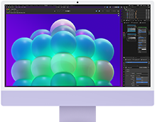 iMac, face avant, couleur mauve, affichant une structure de bulles colorées dans une app de retouche d’images