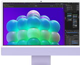 iMac, face avant, couleur mauve, affichant une structure de bulles colorées dans une app de retouche d’images