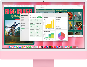 iMac, face avant, couleur rose, écran affichant plusieurs apps ouvertes