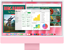 iMac, face avant, couleur rose, écran affichant plusieurs apps ouvertes